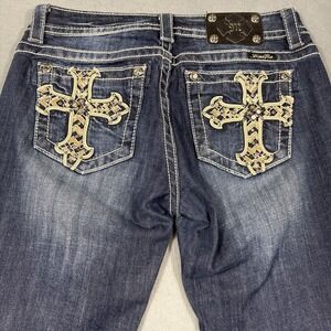 Miss Me Boot WOMENS 29 Jeans Embroidered Cross SEQUIN LEATHER Western WHISKERING